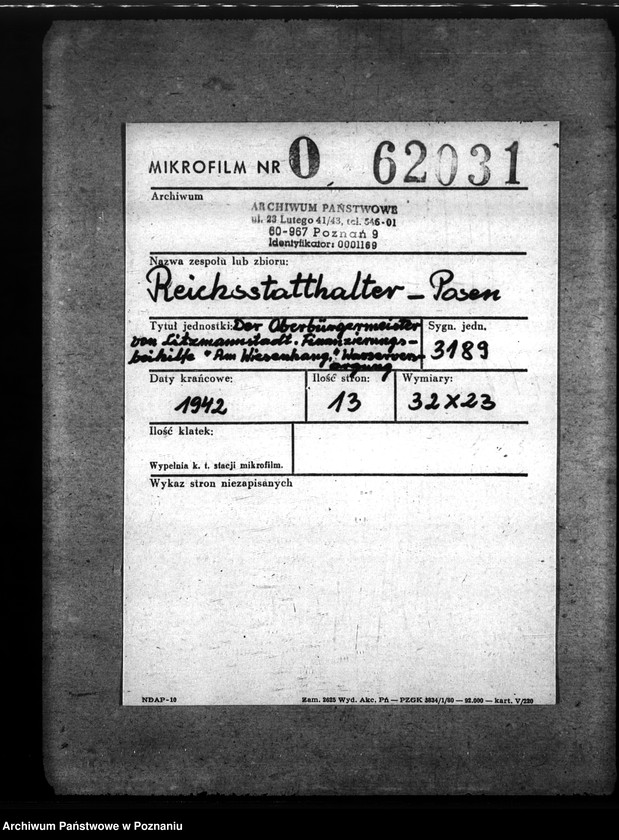 Obraz 2 z jednostki "Der Oberbürgermeister von Litzmannstadt. Finanzierungsbeihilfe "Am Wiesenhang". Wasserversorgung"