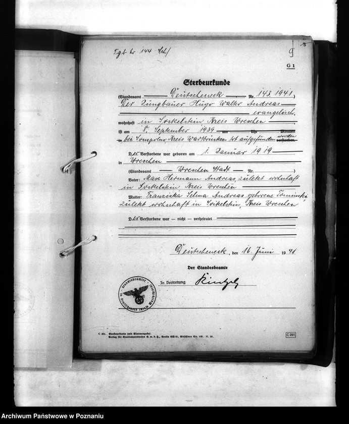 Obraz 13 z jednostki "Wykazy miejscowych Niemców, którzy zginęli w 1939 roku. Kreis Warthbrüchen (Koło)"