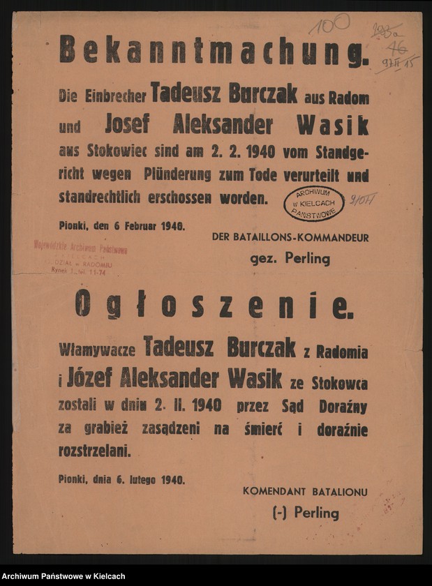 image.from.unit "(Bekanntmachung...) Ogłoszenie o skazaniu na smierć włamywaczy Tadeusza Burczaka z Radomia i Józefa Aleksandra Wasika ze Stokowca - podp. Komendant Batalionu Perling"