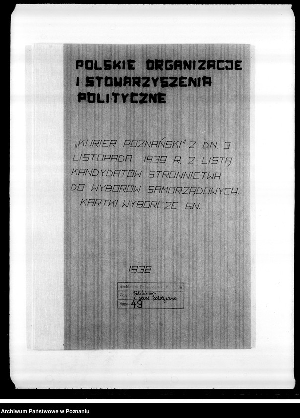 Obraz z jednostki ""Kurier Poznański" z dnia 3 listopada 1938 roku z listą kandydatów Stronnictwa do wyborów samorządowych. Kartki wyborcze Stronnictwa Narodowego"