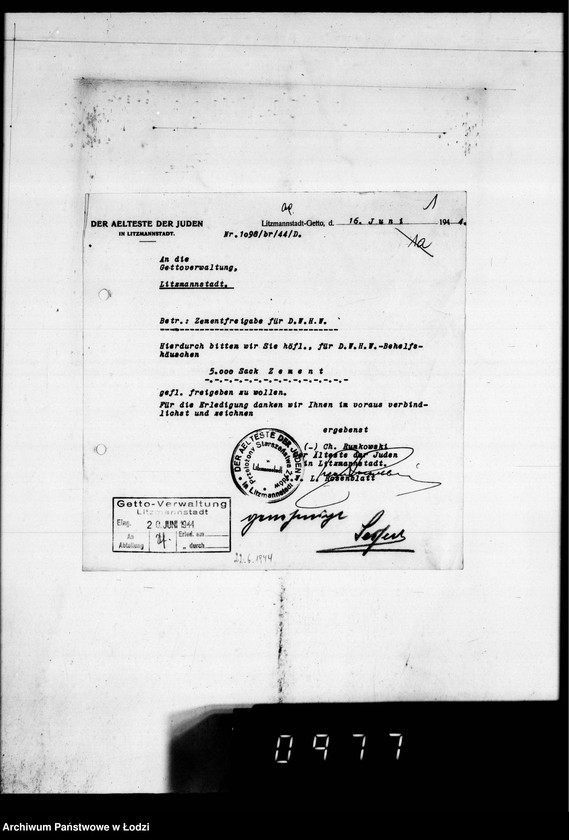 Obraz 5 z jednostki "Post an den Ältesten der Juden D.W.H.[Korespondencja dotycząca różnych prac w Getcie]"