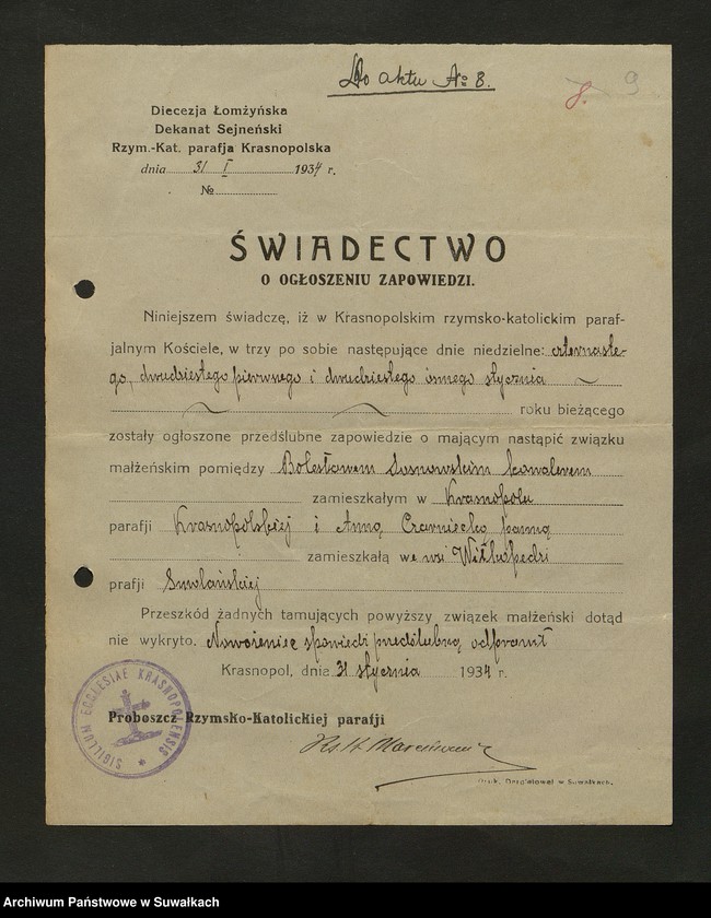 image.from.unit.number "Dokumenty do aktów zaślubionych Rzymsko Katolickiej parafji Smolanskiej za rok 1934"