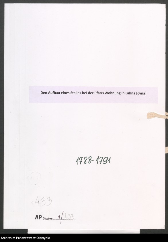 image.from.unit.number "Den Aufbau eines Stalles bei der Pfarr=Wohnung in Lahna [Łyna]"