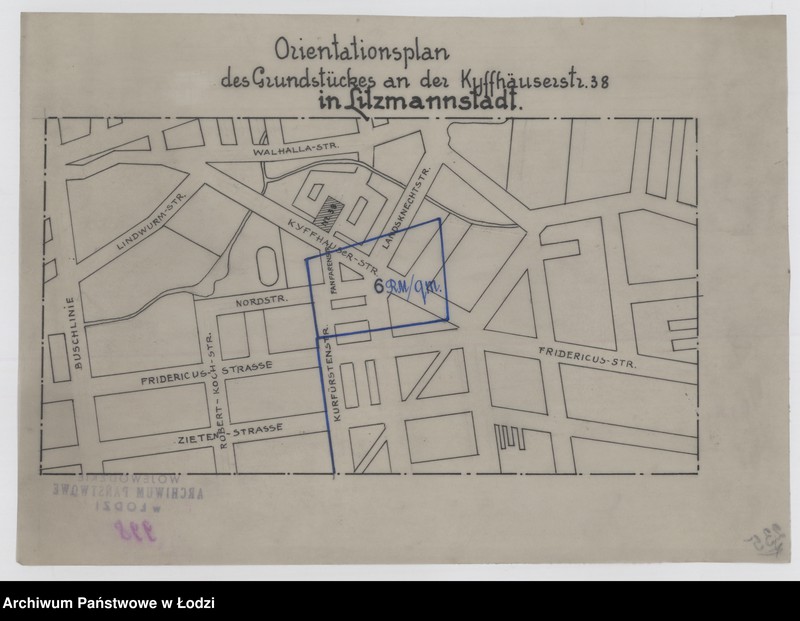 Obraz 1 z jednostki "Orientationsplan des Grundstückes an der Kyffhäuserstraße 38 in Litzmannstadt"