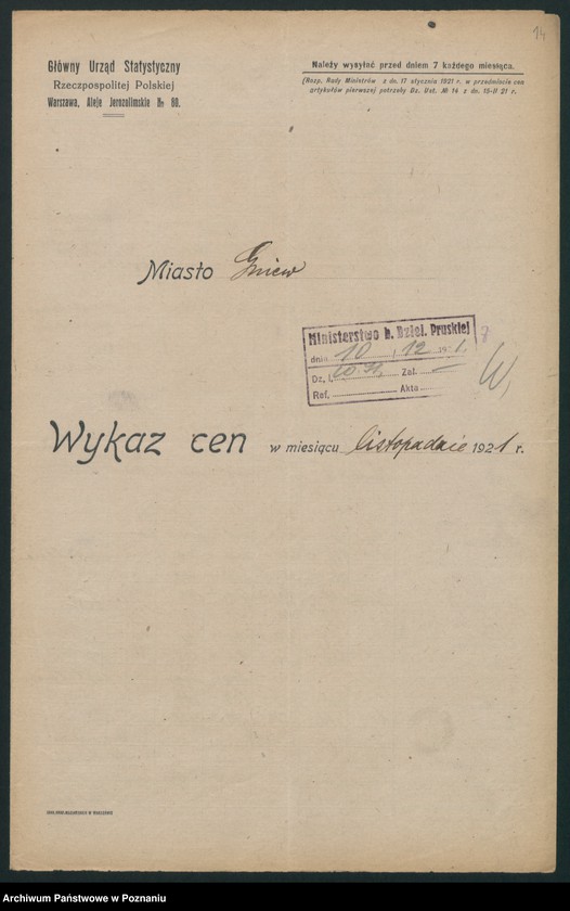 Obraz 13 z jednostki "[Wykazy cen rynkowych na artykuły spożywcze w poszczególnych miastach Województwa Pomorskiego za miesiąc listopad 1921 roku]"