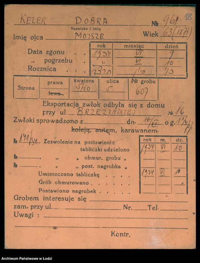 Obraz 19 z jednostki "Kartoteka osób pochowanych na cmentarzu żydowskim przy ulicy Brackiej w latach 1892-1951. Nazwiska na litery: Kei-Ki"
