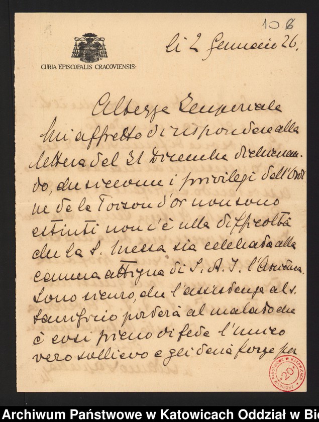 image.from.unit.number "[1. Korespondencja arcyksiężnej Marii Teresy Habsburg z władzami kościelnymi w sprawie uzyskania zezwolenia na odprawianie Mszy Świętej w kaplicy zamkowej 1905-1912, 2. Kopia fragmentu traktatu wiedeńskiego z 3 maja 1815 roku]"