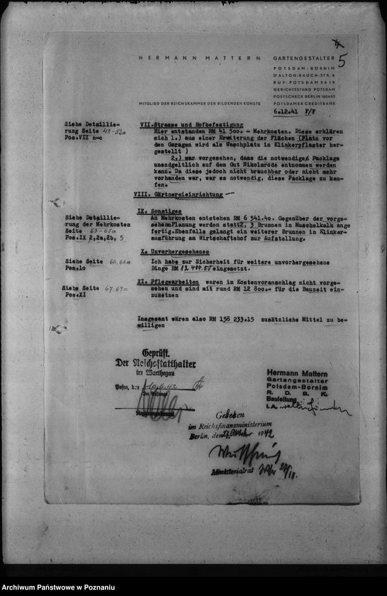 Obraz 9 z jednostki "Kostenanschlag zum Dienstwohngebäude des Reichsstatthalters des Warthegaues - nad jeziorem Góreckim"