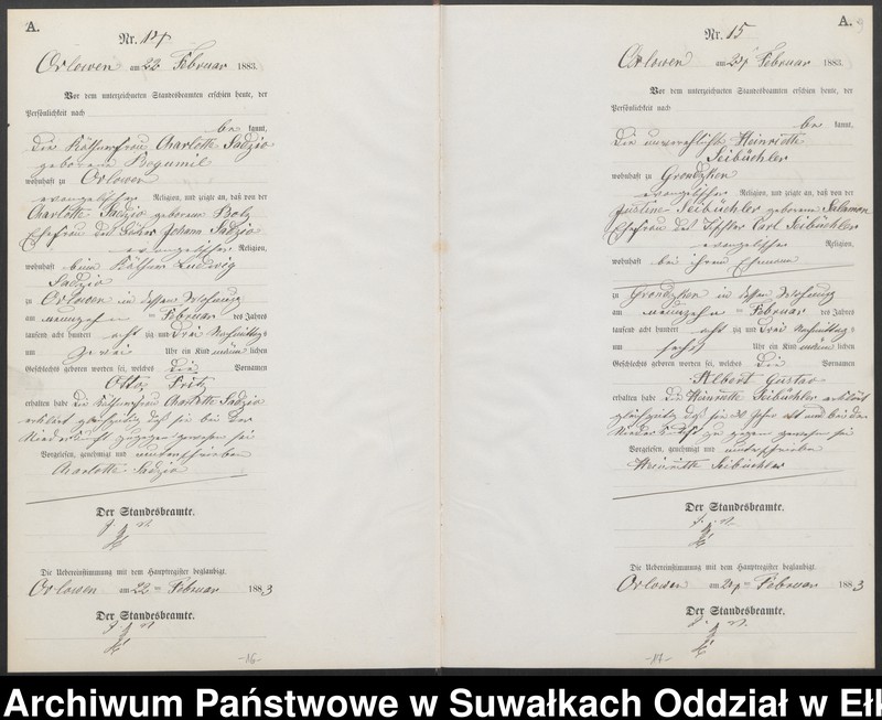 Obraz 12 z jednostki "Geburts-Neben-Register des Preussischen Standes-Amtes Orlowen Kreis Loetzen für das Jahr 1883"