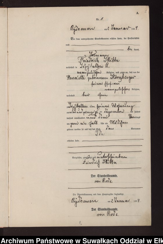 image.from.unit.number "Geburts-Neben-Register des Preussischen Standes-Amtes Rydzewen Kreis Lötzen"