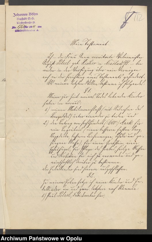 image.from.unit.number "Verfügung von Todes wegen der Witwe Anna Pelzel geb[orene] Hischer in Neustadt"