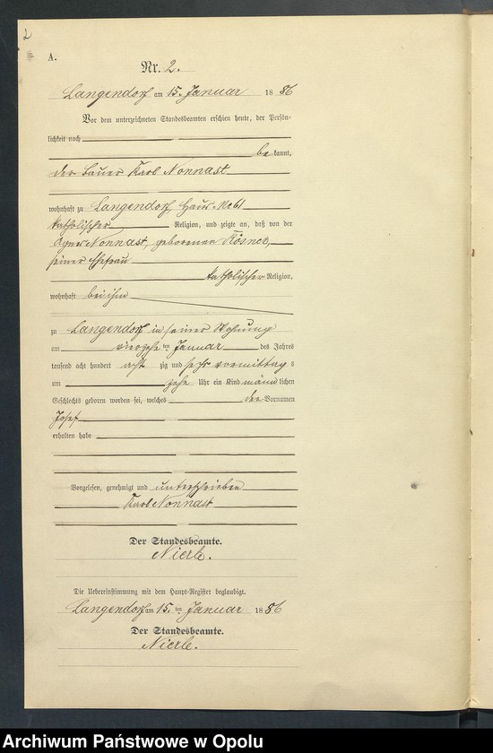 Obraz 6 z jednostki "Geburts-Neben-Register des Standesamts Langendorf pro 1886"