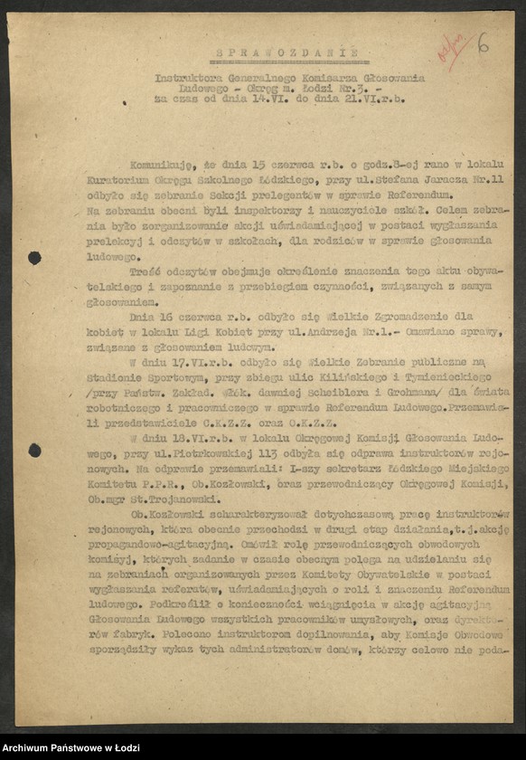 Obraz 7 z jednostki "Referendum Ludowe - sprawozdania [, raporty i wykazy] aktywu wojewódzkiego PPR [oddelegowanego do organizacji powiatowych]"