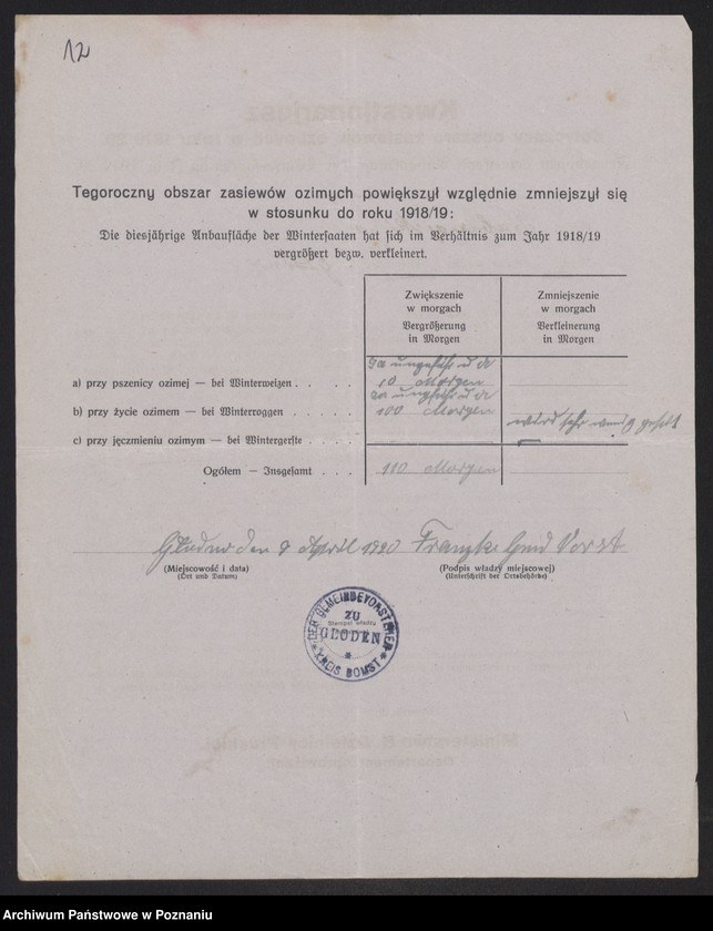 Obraz 14 z jednostki "[Kwestionariusz dotyczący zasiewów ozimych w roku 1919/1920 w powiecie babimojskim]"