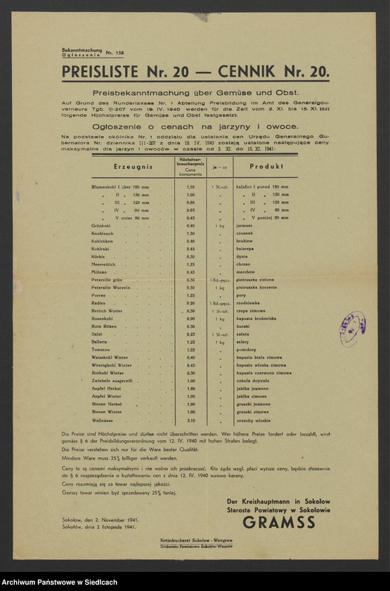 Obraz 15 z kolekcji "Afisze okupacyjne powiatu sokołowskiego 1939-1944.111"