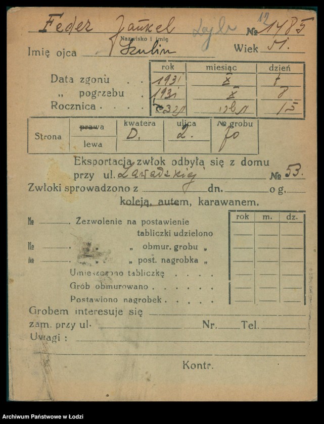 Obraz 13 z jednostki "Kartoteka osób pochowanych na cmentarzu żydowskim przy ulicy Brackiej w latach 1892-1961. Nazwiska na litery: Fe-Fisch"