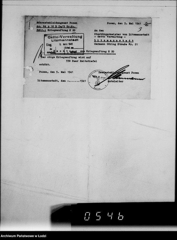 Obraz 7 z jednostki "Heeresbekleidungsamt Posen.Kriegsauftrag S.20/6"