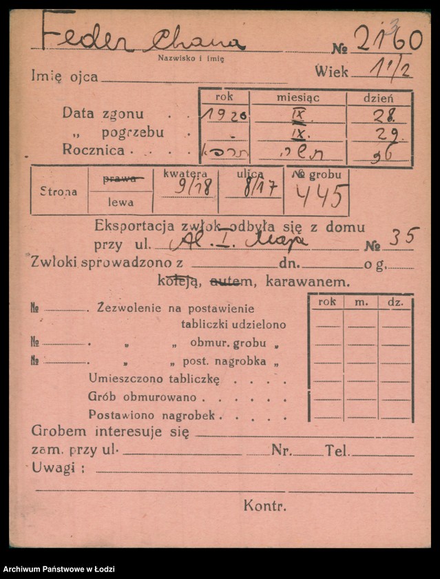 Obraz 4 z jednostki "Kartoteka osób pochowanych na cmentarzu żydowskim przy ulicy Brackiej w latach 1892-1961. Nazwiska na litery: Fe-Fisch"