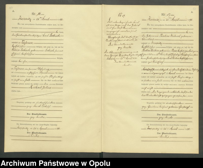 Obraz 11 z jednostki "Geburts-Neben-Register Standesamts Koppitz pro 1896"