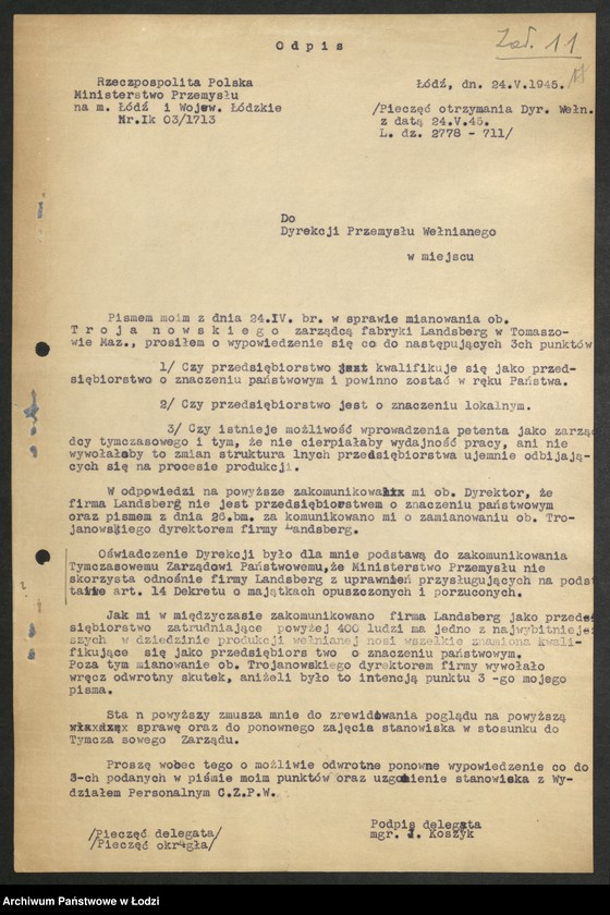 Obraz 18 z jednostki "Materiały dotyczące fabryki "H. Landsberg" - Państwowe Zakłady Wełniane Tomaszów Mazowiecki"