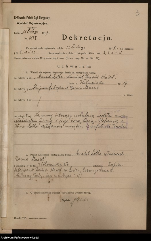 Obraz 5 z jednostki "Anatol Lothe, właściciel Dawid Maisel- fabrykacja i sprzedaż towarów manufakturowych"