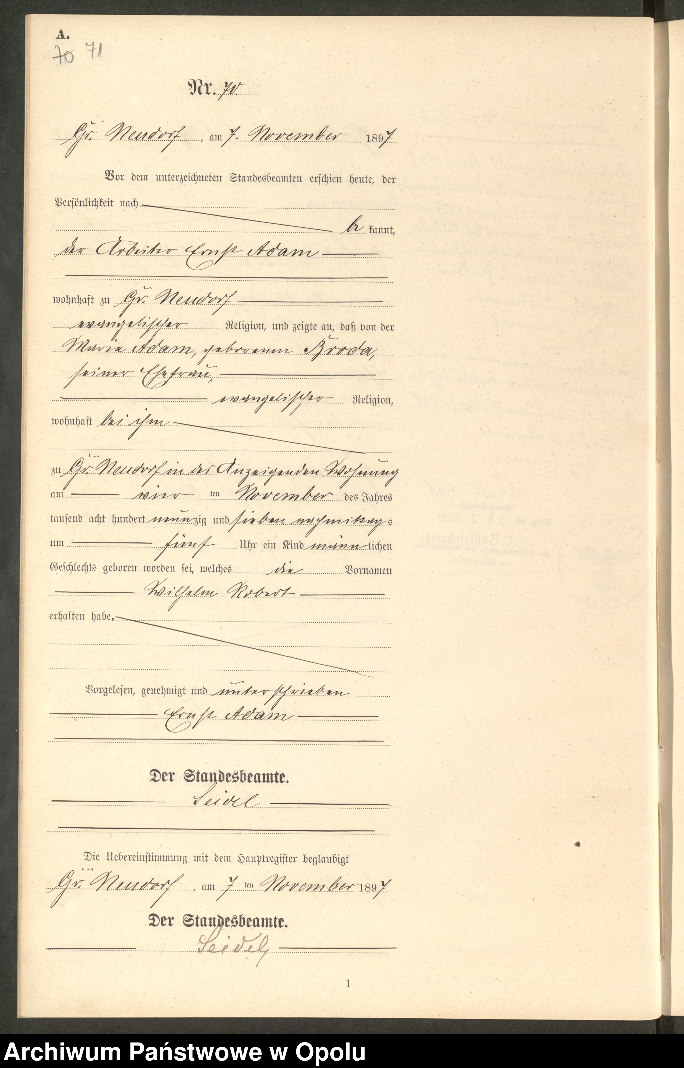 Skan z jednostki: Geburts-Neben-Register Standes-Amt Gr.[oss] Neudorf 1897