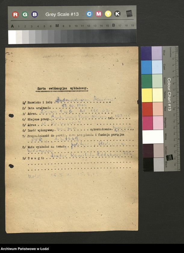 Obraz 2 z jednostki "Karty ewidencyjne wykładowców szkoły partyjnej /A-Z/"