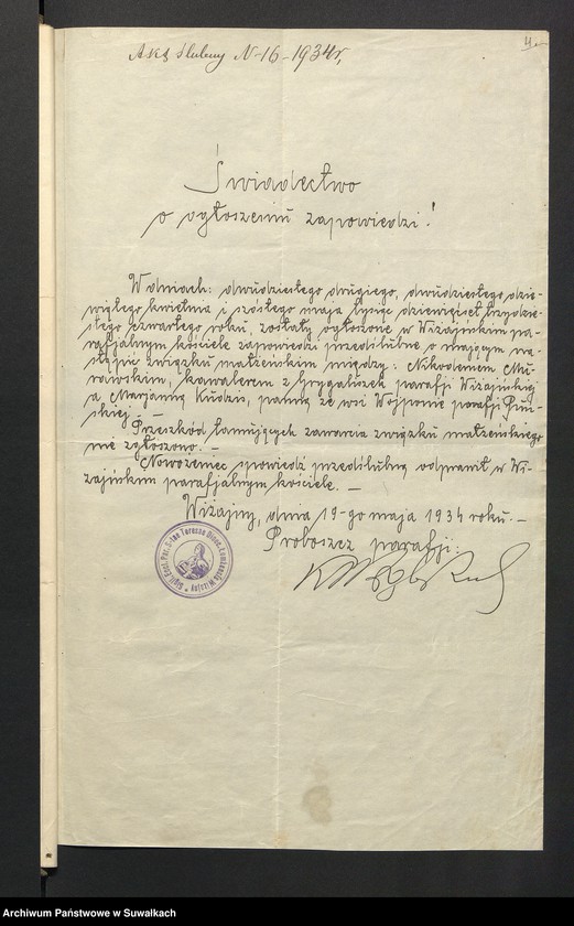 image.from.unit.number "Dokumenty przedstawione do aktów ślubnych w parafji rzymsko-katolickiej Puńsk w roku 1934"