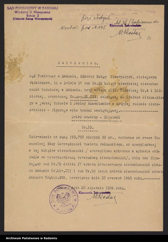 Obraz 16 z kolekcji "[Materiały dotyczące posiadania przez Hannę i Stefana Witkowskich gruntów i nieruchomości w Raciborowicach, pow. hrubieszowski, 1948-1951 oraz w Radomiu i Rajcu Letnisko, 1954-1961]"