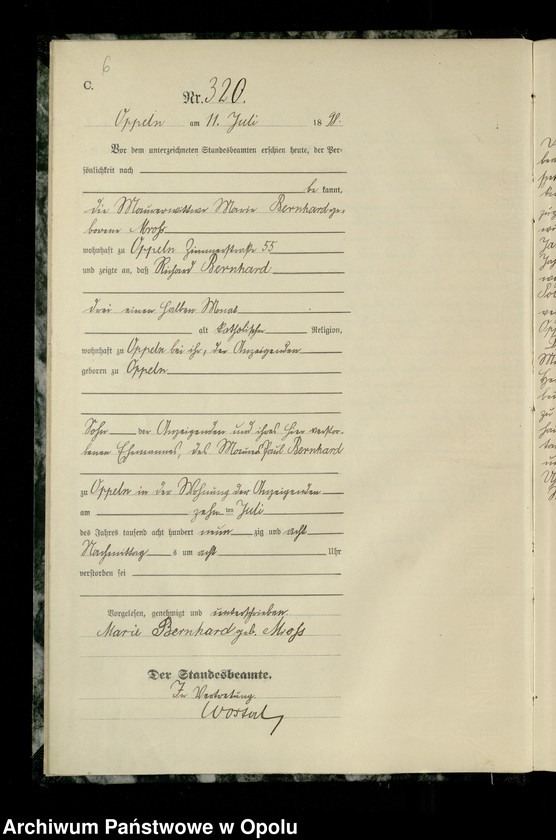 Obraz 9 z jednostki "Urząd Stanu Cywilnego w Opolu 1898 Rejestr zgonów Księga Miejscowa Nr 315 do 632"