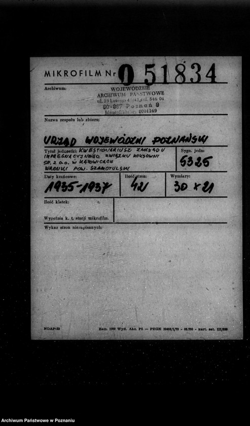 Obraz 2 z jednostki "Kwestionariusz Zakładu impregnacyjnego związku koksowni Spółka z o. o. w Katowicach Wronki powiat szamotulski"