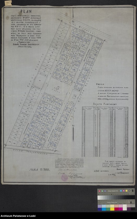 Obraz 1 z jednostki "Plan części nieruchomości oznaczonej hipotecznym nr 4637, repertorium hipotecznego Nr 6033, składającej się z gruntów pochodzących z osad zapisanych na wieś Karolew pod Nr 11/12 w mieście Łodzi przy ulicy Wileńskiej pod policyjnym Nr 26/28 położonej ... własność Towarzystwa Budowy Domków Robotniczych"