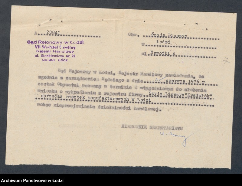 Obraz 9 z jednostki "Szyja Lipszyc –Krajwłók – sprzedaż resztek manufaktury"