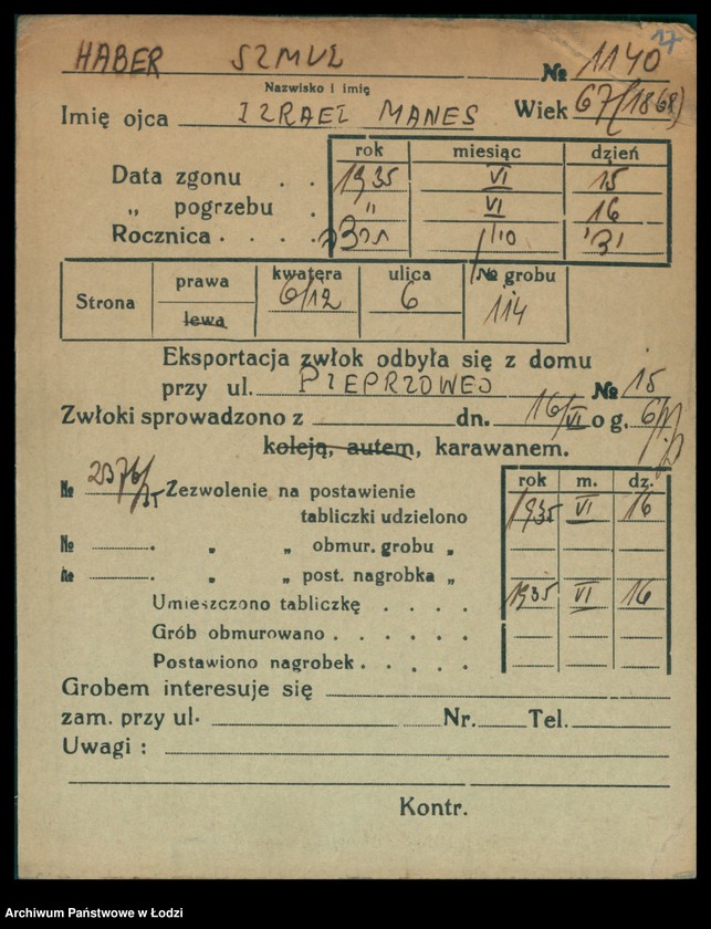 Obraz 18 z jednostki "Kartoteka osób pochowanych na cmentarzu żydowskim przy ulicy Brackiej w latach 1892-1961. Nazwiska na litery: Ha-Helme"