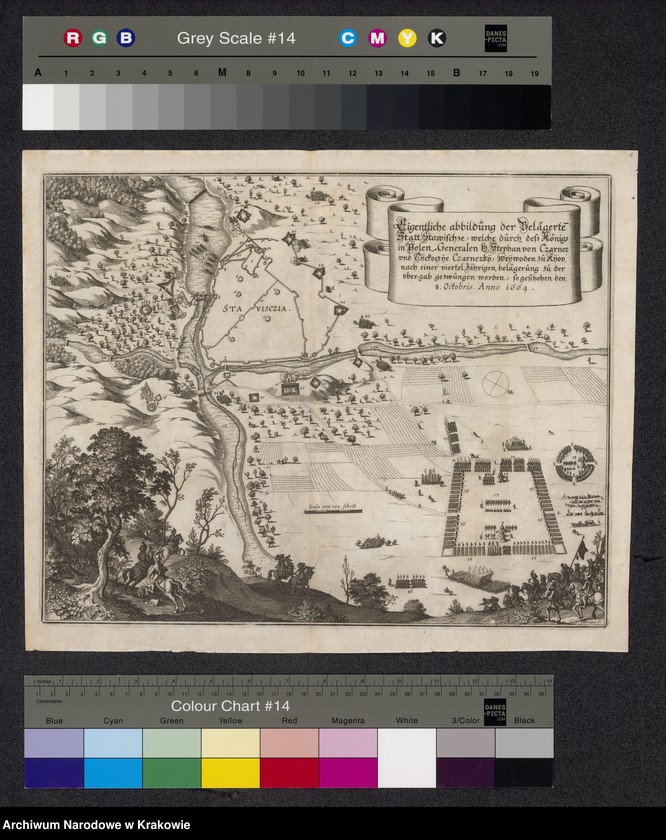 image.from.unit.number "Eigentliche abbildung de Belägerté Statt Stawischze welche durch dess Königs in Polen Generalen h. Stephan... Czarnezky... nach einer viertel Jährigen belägerung ze der űber-gab gezwungen worden, so geschehen den 8 Octobris Anno 1664"