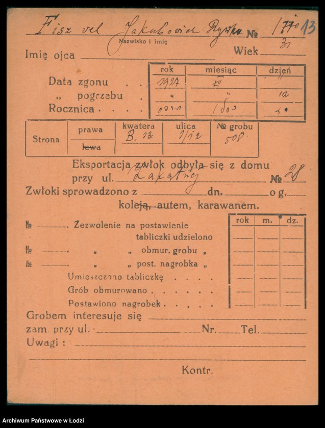 Obraz 14 z jednostki "Kartoteka osób pochowanych na cmentarzu żydowskim przy ulicy Brackiej w latach 1892-1957. Nazwiska na litery: Fisz-For"