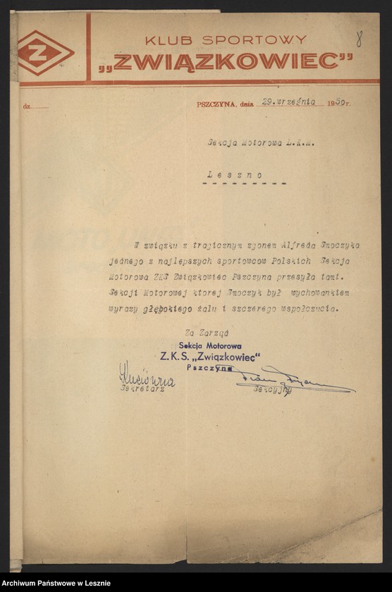 Obraz 9 z jednostki "[Nekrolog oraz telegramy nadesłane do Klubu po śmierci Alfreda Smoczyka]"