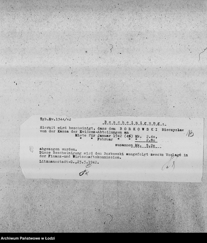 Obraz 16 z jednostki "[Kopie zaświadczeń dla pracowników Wydziałów Ewidencji o zatrudnieniu, wysokości poborów, potrąceniach za komorne, przydziałach żywnościowych i inne]"