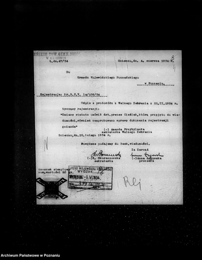 Obraz 8 z jednostki "/Żeńskie Towarzystwo Gimnastyczne Sokół w Gnieźnie - rejestracja/"