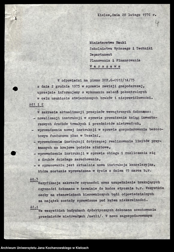 image.from.unit.number "Sprawozdanie z wykonania planu rewizji gospodarczej i kontroli funkcjonalnej w Wyższej Szkole Nauczycielskiej i Wyższej Szkole Pedagogicznej w Kielcach za lata 1973, 1975"