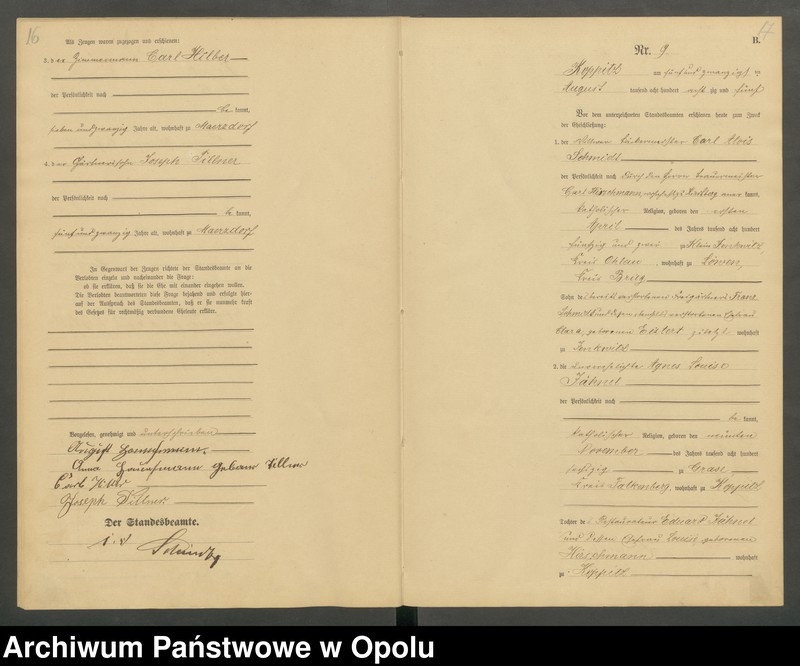 Obraz 11 z jednostki "Heiraths-Haupt-Register Standesamts Koppitz pro 1885"