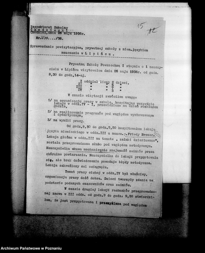 Obraz 19 z jednostki "Prywatna Szkoła Powszechna z niemieckim językiem nauczania w Lipińcu powiat Chodzież"