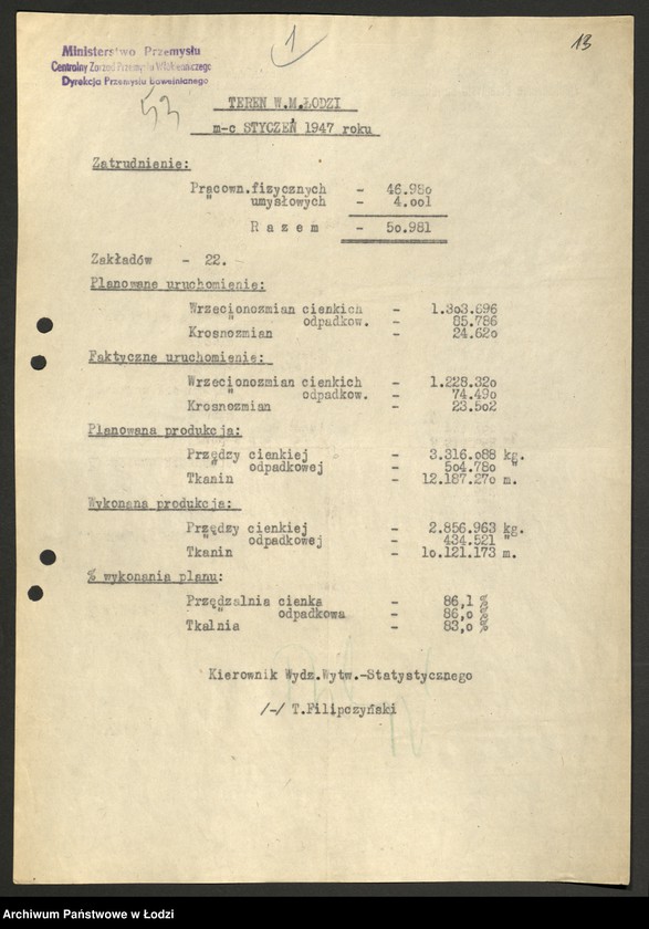 Obraz 14 z jednostki "Centralny Zarząd Przemysłu Włókienniczego; sprawozdania produkcyjne [opisowe, tabele i wykresy]"