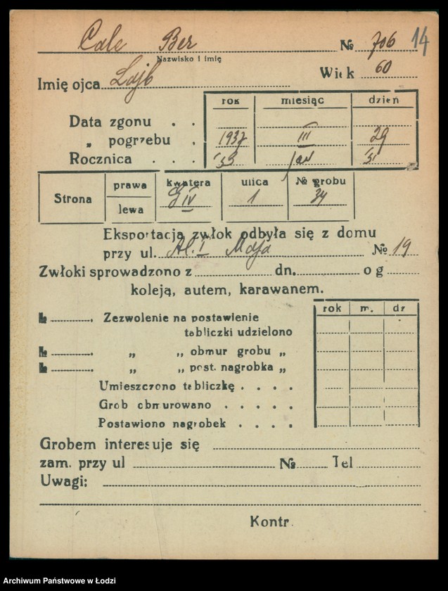 Obraz 15 z jednostki "Kartoteka osób pochowanych na cmentarzu żydowskim przy ulicy Brackiej w latach 1892-1954. Nazwiska na litery: Ca-Choros"