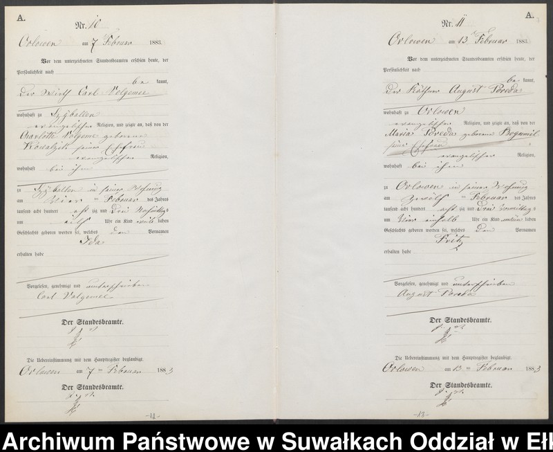 Obraz 10 z jednostki "Geburts-Neben-Register des Preussischen Standes-Amtes Orlowen Kreis Loetzen für das Jahr 1883"