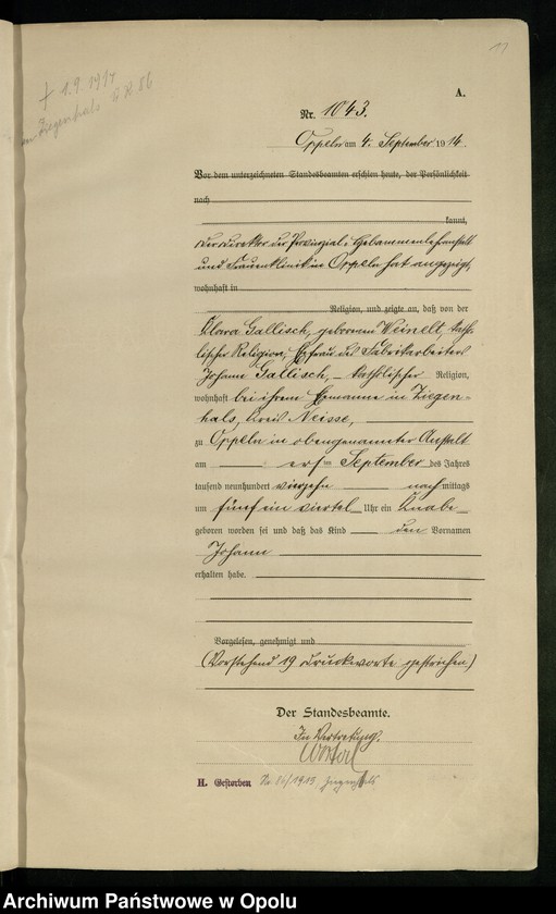 Obraz 15 z jednostki "Urząd Stanu Cywilnego Opole Księga Urodzeń Rok 1914 1034-1493"