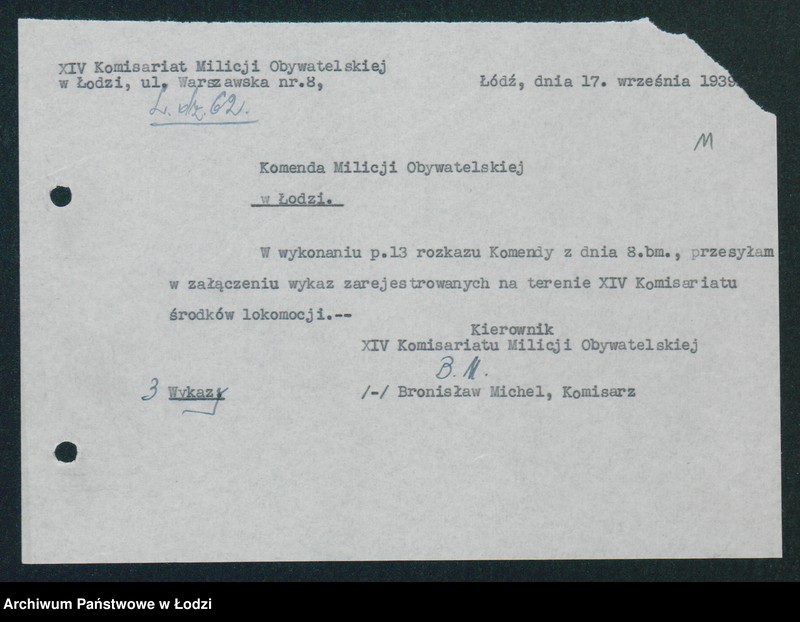 Obraz 13 z jednostki "[Akta XIV Komisariatu Milicji Obywatelskiej - pokwitowania oddanej broni, spisy wolnych lokali, rowerów i motocykli]"
