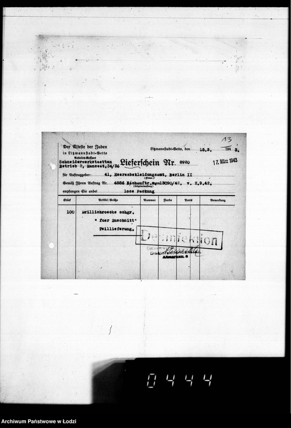 image.from.unit.number "[Dowody dostawy umundurowania dla] Heeresbekleidungsamt Berlin II"