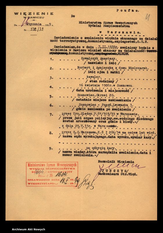 image.from.unit.number "Więzienie w Rawiczu - informacje o zwolnieniu osób skazanych za działalność komunistyczną. Kwestionariusze."