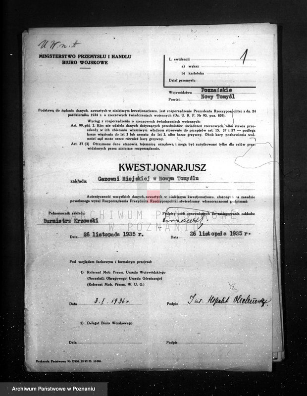 Obraz 5 z jednostki "Kwestionariusz Gazowni Miejskiej w Nowym Tomyślu"